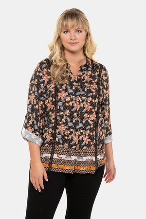 Ulla Popken Hemdbluse, Blütenmuster, Saumbordüre, Zierbänder - Große Größen