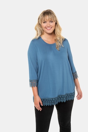 Ulla Popken Shirt, Spitzensaum, A-Linie, gekräuselter Ausschnitt - Große Größen