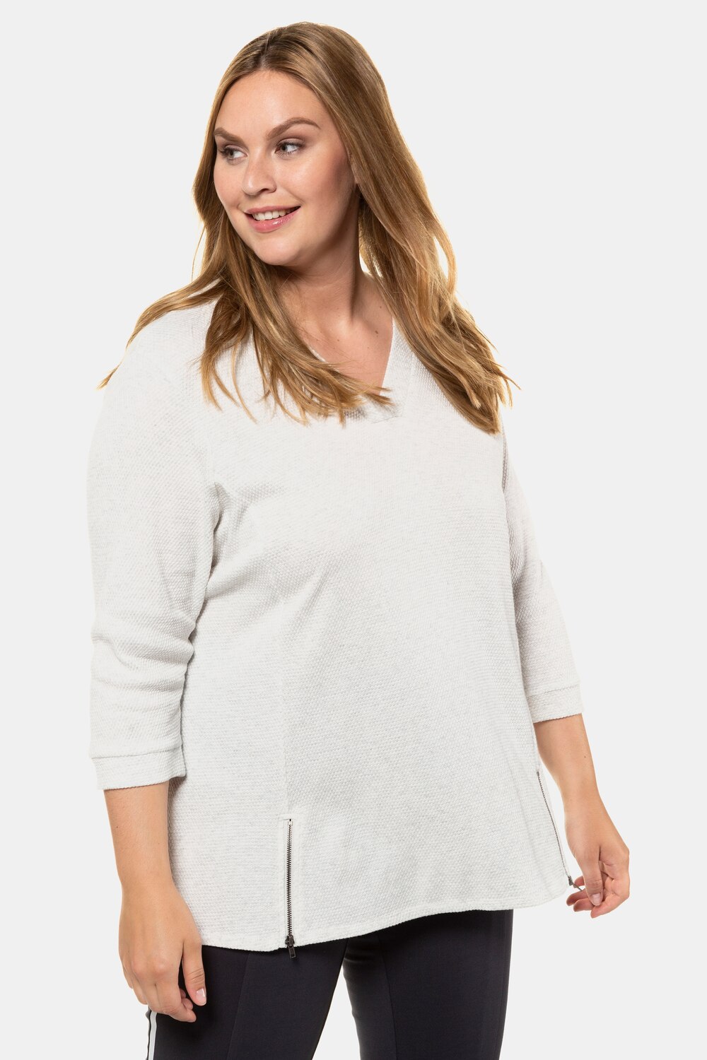 Plus Size Zipper Hem V-Neck Textured Sweatshirt, Woman, grey, size: 28/30, cotton/polyester, Ulla Popken