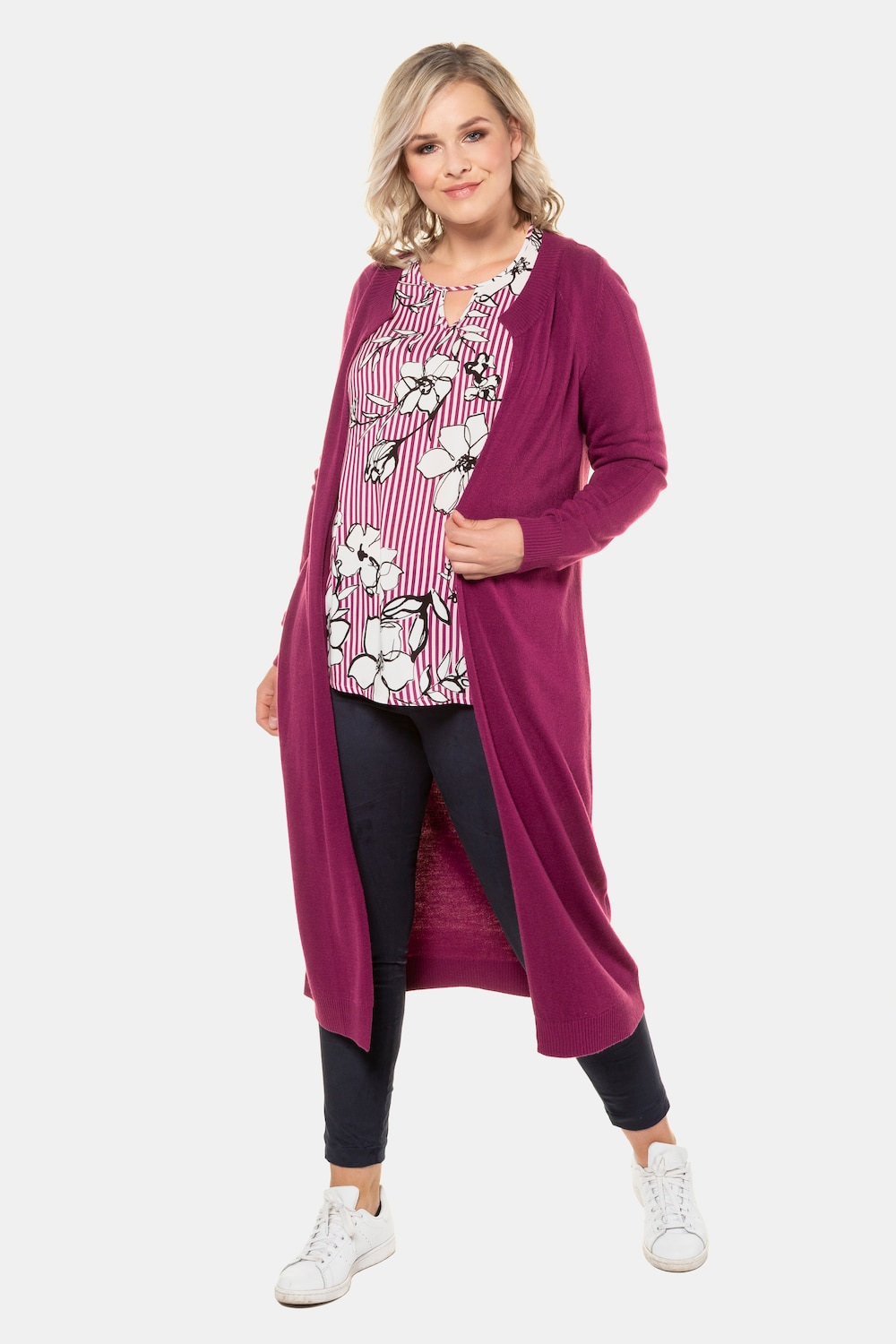 Plus Size Ajour Rib Knit Trim Round Neck Duster Length Sweater, Woman, purple, size: 20/22, synthetic fibers, Ulla Popken