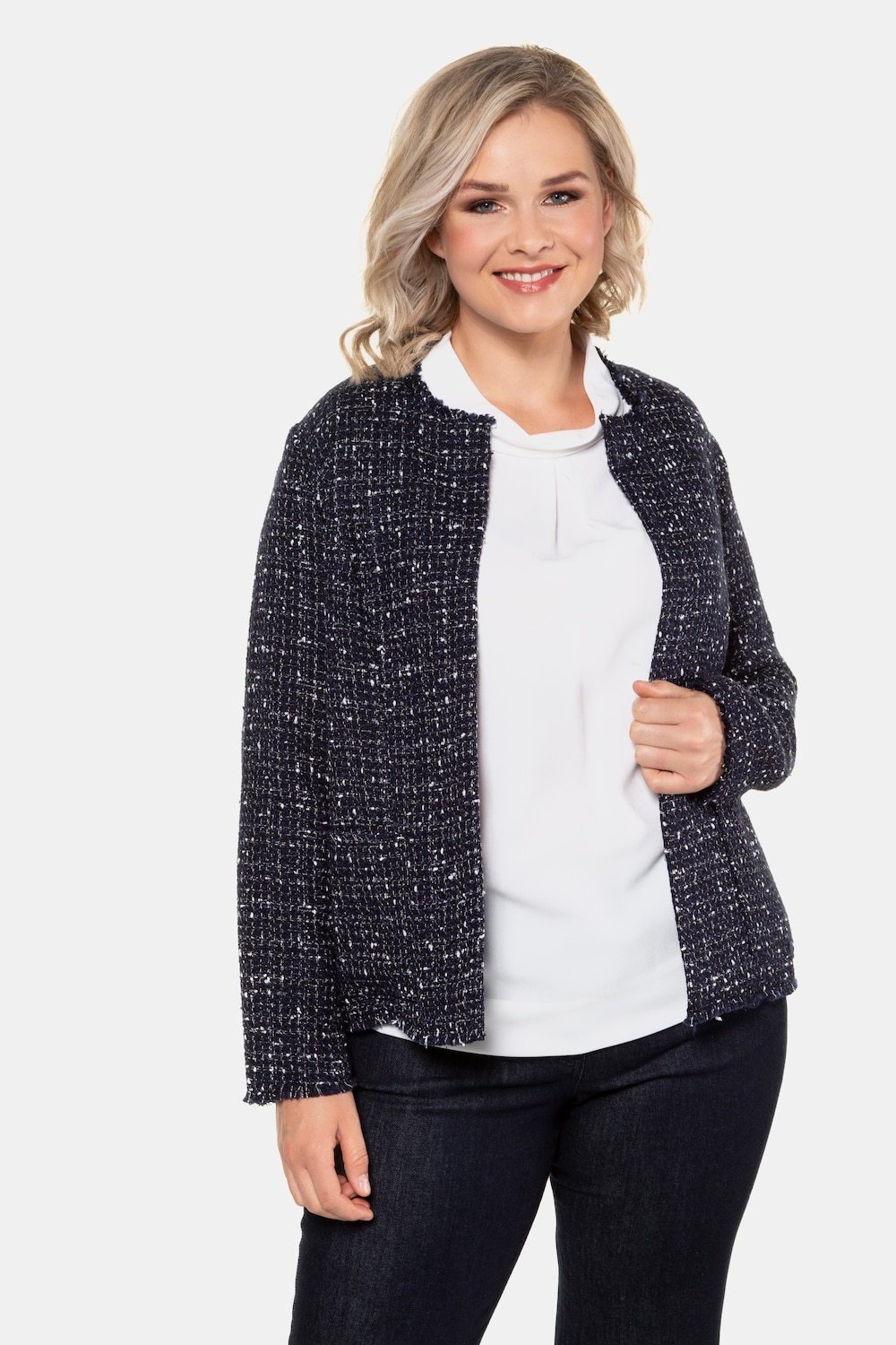 Plus Size Fringe Edge Round Neck Boucle Jacket, Woman, blue, size: 18, polyester, Ulla Popken