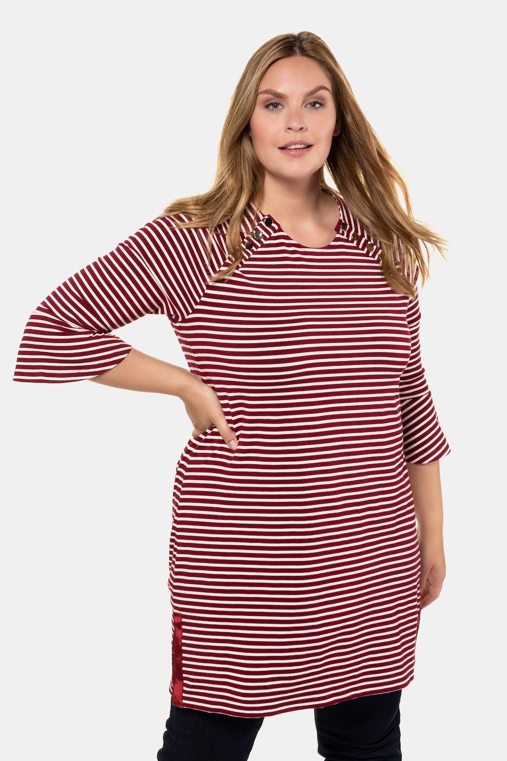 Plus Size Stripe Flounce Sleeve Stretch Knit Tunic Dress, Woman, pink, size: 20/22, viscose, Ulla Popken