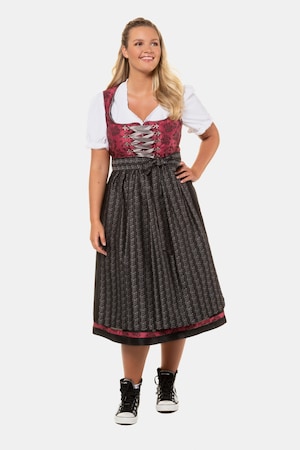 Ulla Popken Dirndl, geblümtes Oberteil, uni Rock, Schürze mit Blüten - Große Größen