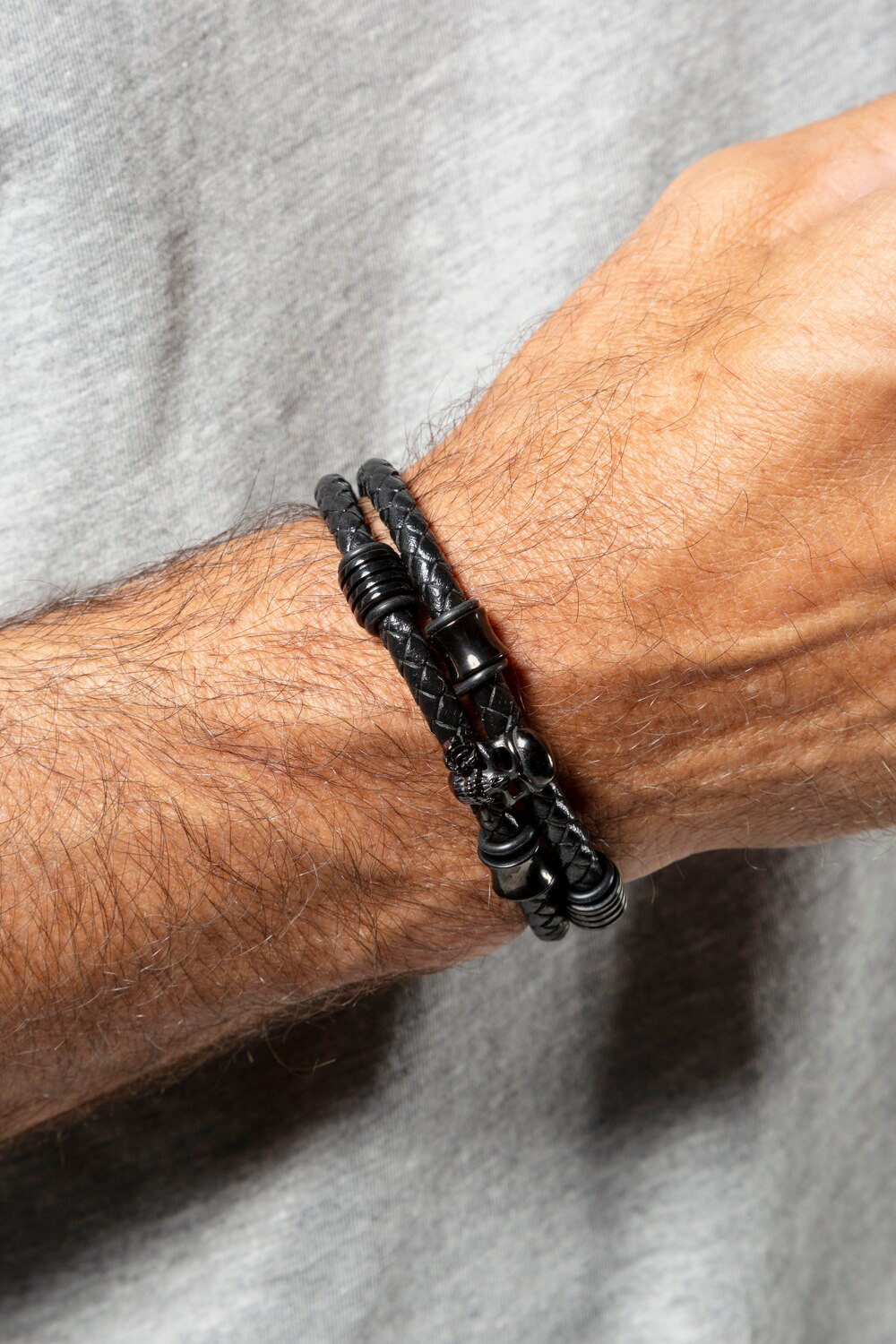 Grote Maten leren armband, Heren, zwart, Maat: One Size, Leer/Metallic vezels, JP1880