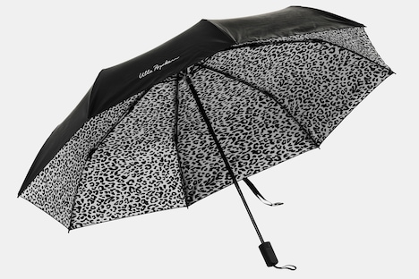 Regenschirm, schwarz/Leomuster, leicht, faltbar