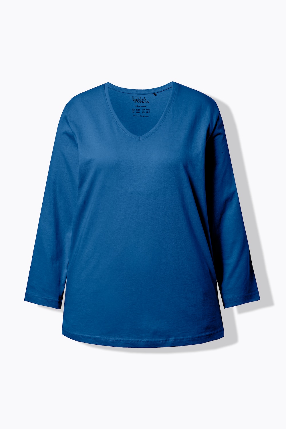 Stora storlekar Topp med v-ringning, Dam, blå, storlek: 66/68, Bomull/Polyester/Viskos, Ulla Popken