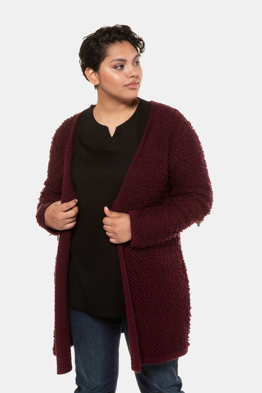 Plus Size Boucle Knit Open Front Cardigan Sweater, Woman, purple, size: 16/18, synthetic fibers/wool, Ulla Popken