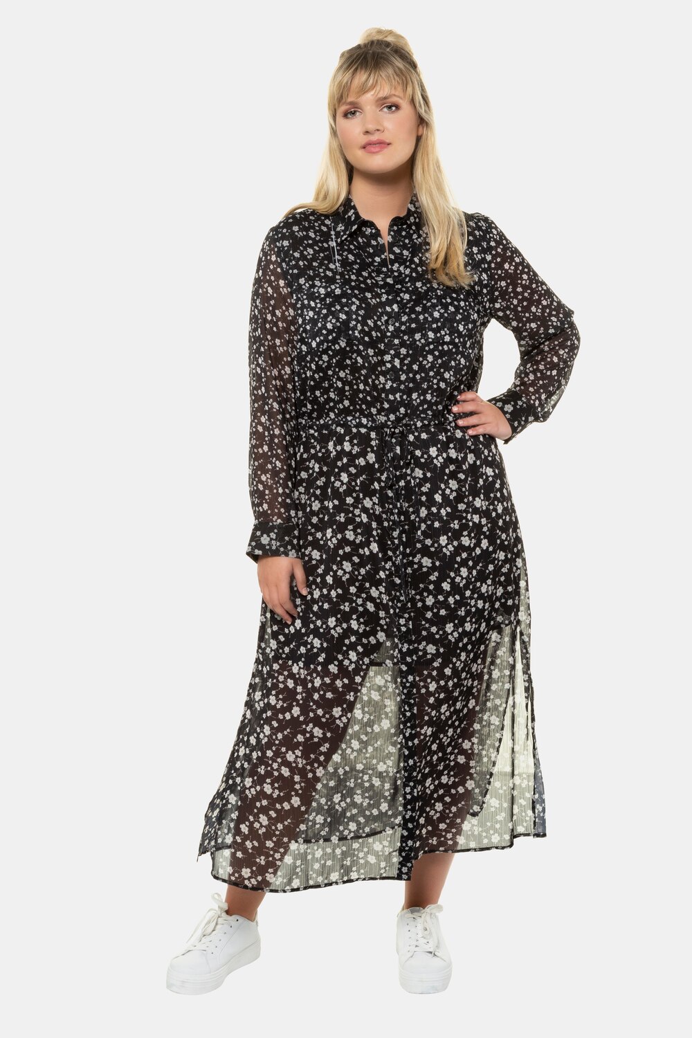 Plus Size Chiffon Floral Print Button Front Lined Shirt Dress, Woman, black, size: 24/26, polyester, Ulla Popken