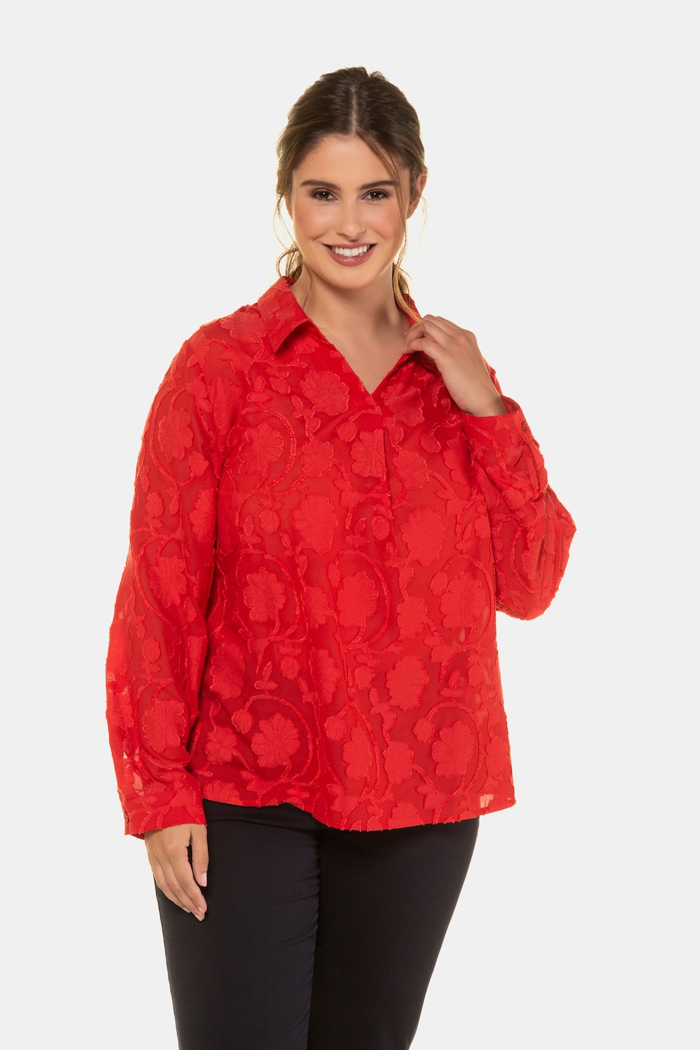 Plus Size Floral Burnout Button Front Long Sleeve Blouse, Woman, red, size: 32/34, polyester, Ulla Popken