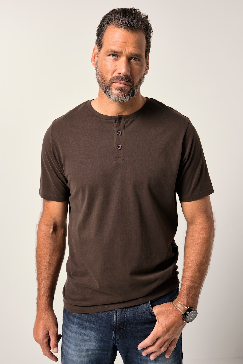 JP1880 Henley, Basic, Knopfleiste, Halbarm, bis 7 XL