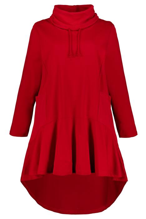 Svetr, dlouhý střih, rolákový límec, volánový lem, vzadu delší