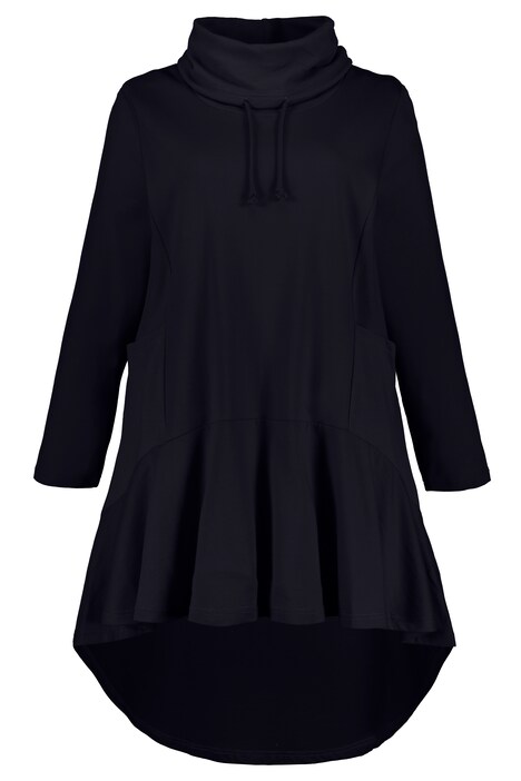 Svetr, dlouhý střih, rolákový límec, volánový lem, vzadu delší