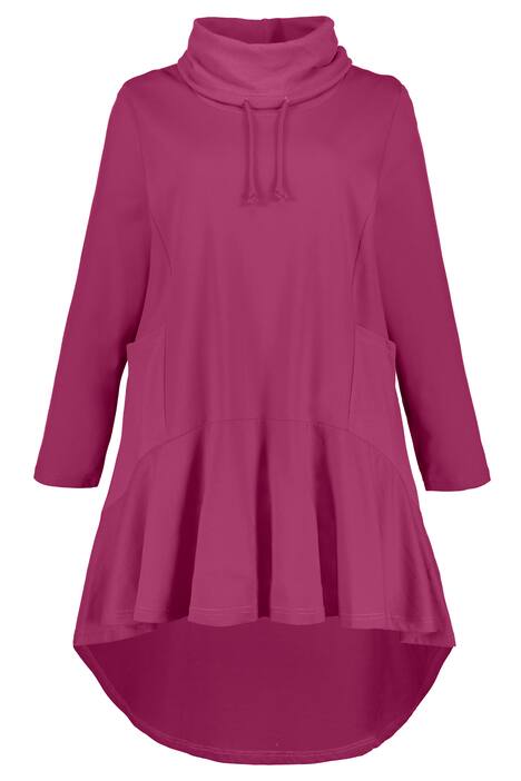 Svetr, dlouhý střih, rolákový límec, volánový lem, vzadu delší