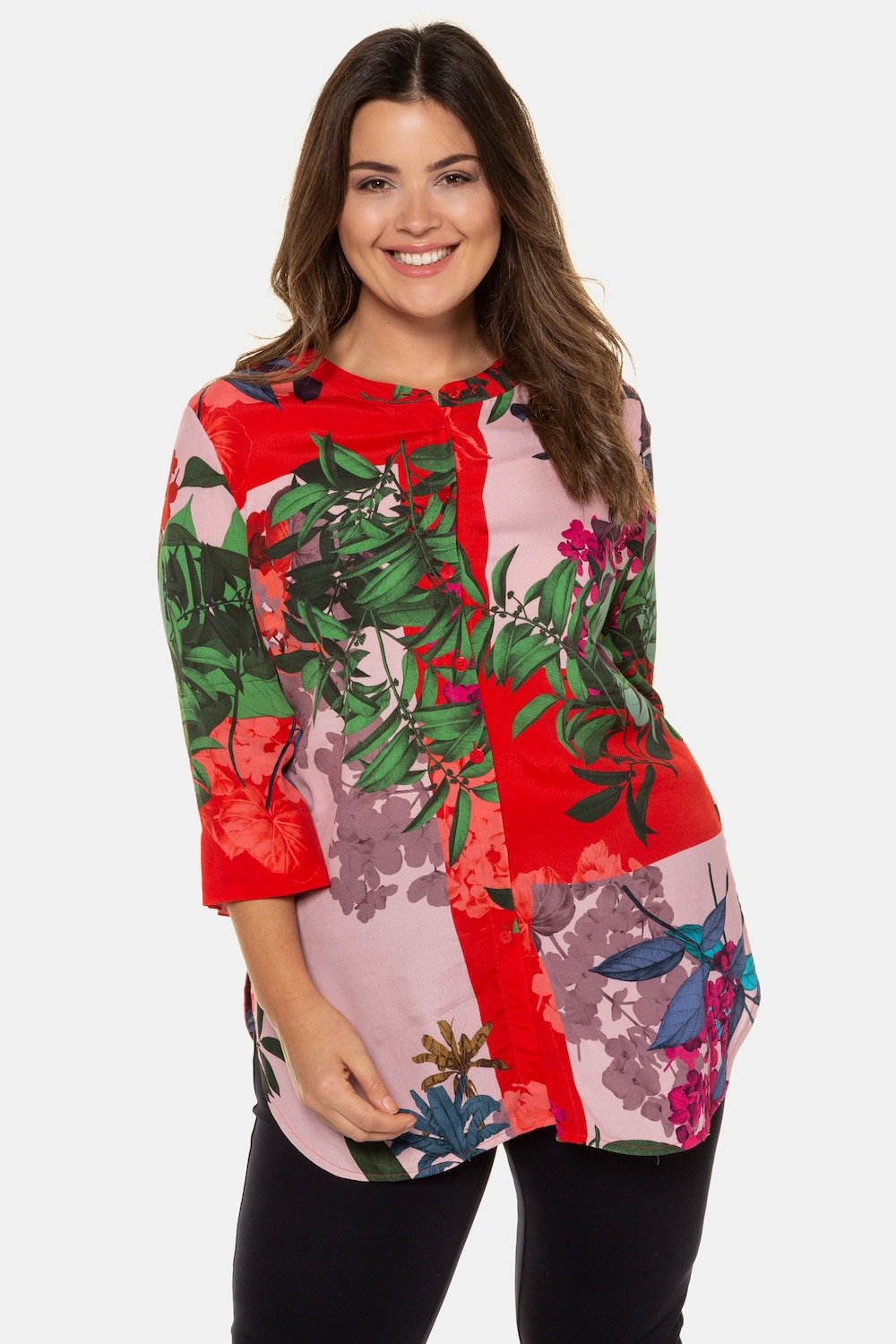 Plus Size Patchwork Floral Print Button Front Blouse, Woman, red, size: 24/26, viscose, Ulla Popken