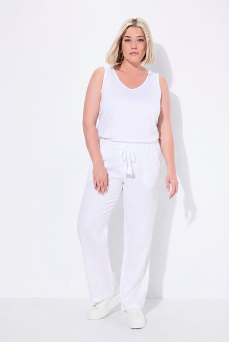 Linnen broek Mary, elastische tailleband, wijde, rechte pijpen