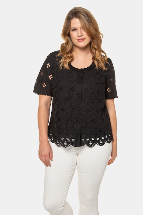 Embroidered Cutout Button Front Lined Blouse