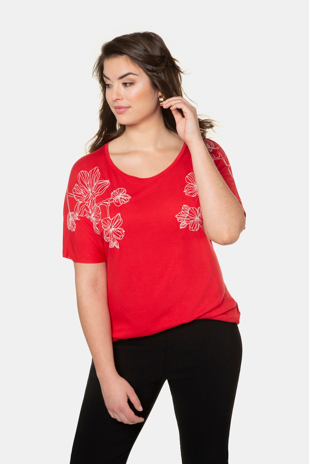 Plus Size Floral Embroidery Accent Oversized Fit Knit Top, Woman, red, size: 20/22, viscose, Ulla Popken