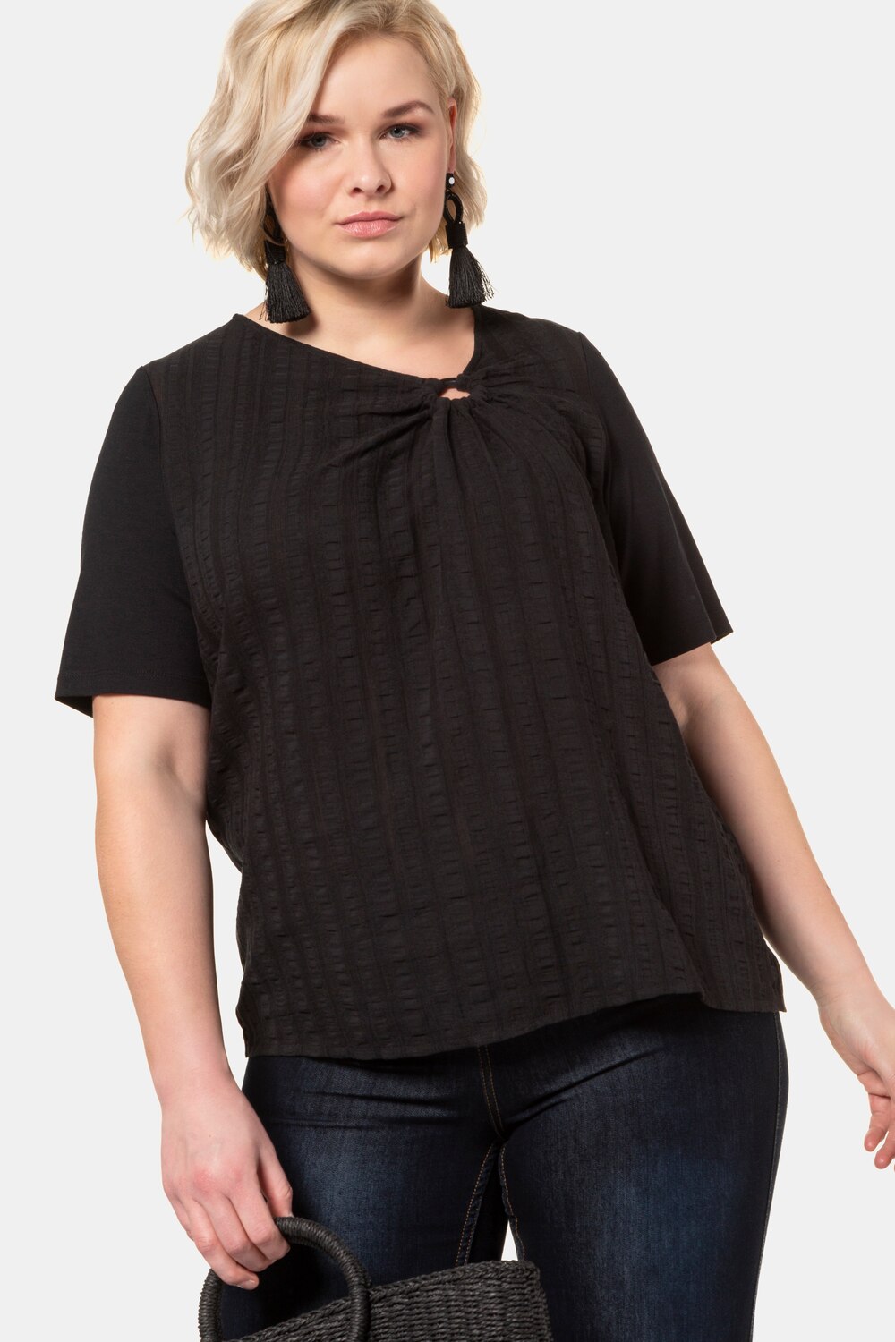 Plus Size Mixed Fabric Asymmetric V-Neck Textured Front Top, Woman, black, size: 20/22, cotton/viscose, Ulla Popken