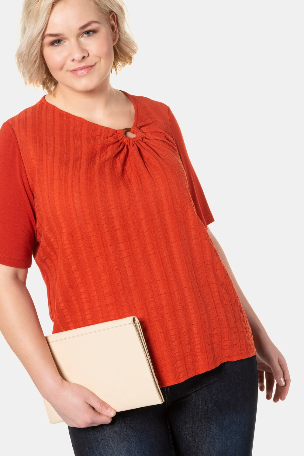 Plus Size Mixed Fabric Asymmetric V-Neck Textured Front Top, Woman, orange, size: 20/22, cotton/viscose, Ulla Popken