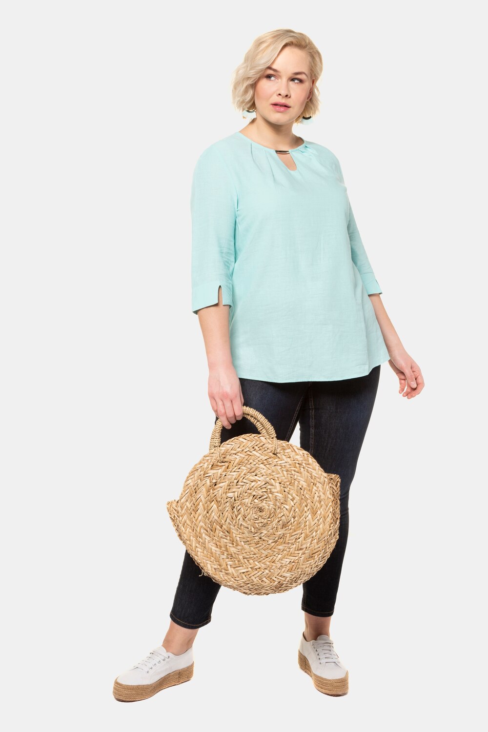 Grote Maten tuniek, Dames, turquoise, Maat: 50/52, Linnen/Viscose, Ulla Popken Grote Maten tuniek, Dames, turquoise, Maat: 50/52, Linnen/Viscose, Ulla Popken