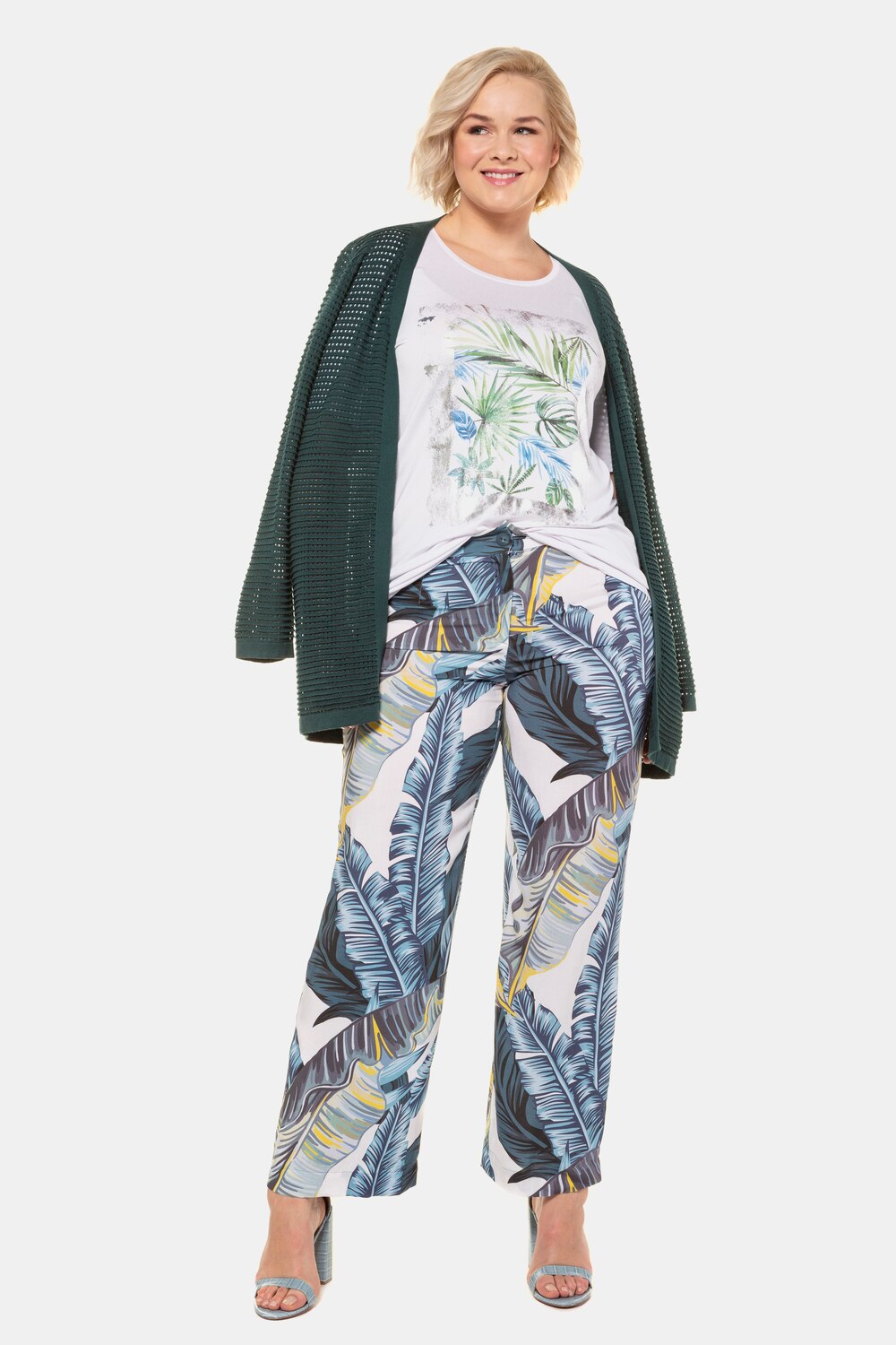 Plus Size Tropical Palm Print Round Neck Stretch Knit Top, Woman, white, size: 36/38, viscose, Ulla Popken