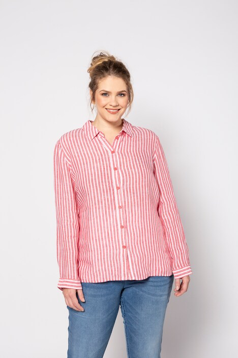 Stripe Linen Button Front Roll-Tab Sleeve Blouse