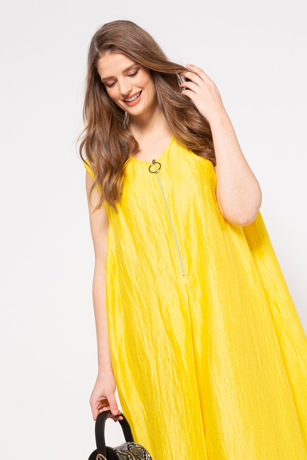 Plus Size Crinkle Linen Blend Zip Front Tank Dress, Woman, yellow, size: 20, artificial silk/linen/synthetic fibers, Ulla Popken