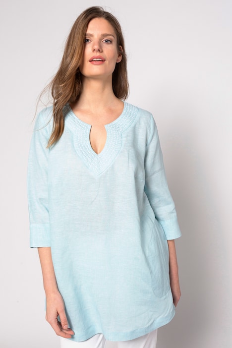 Embroidered Linen Notch Neck Tunic