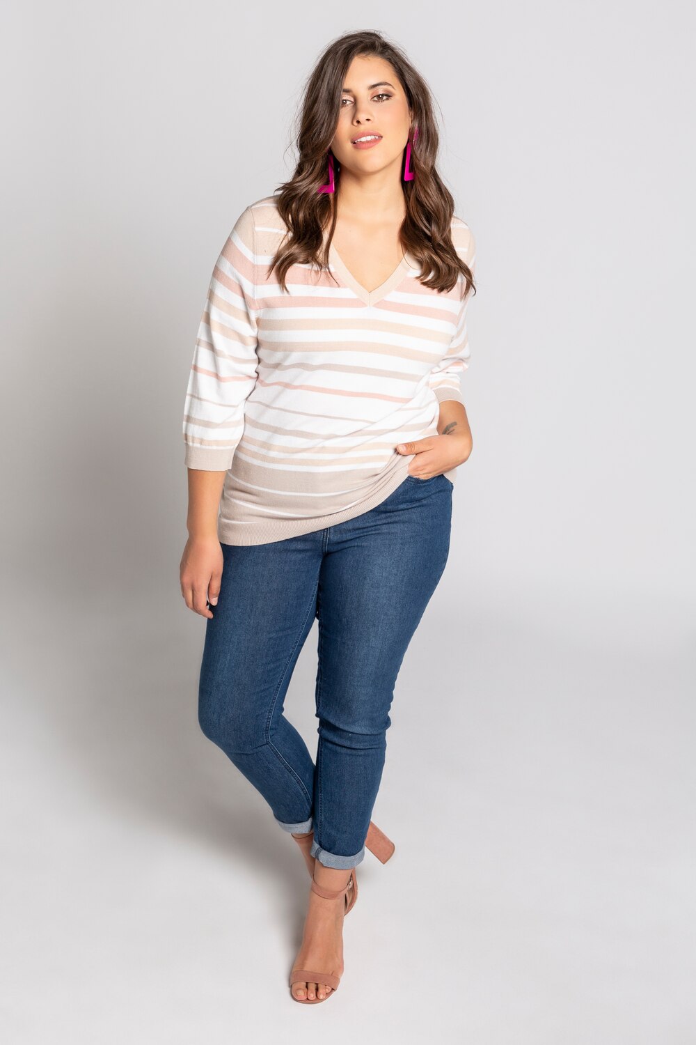 Grote Maten gestreepte pullover, Dames, wit, Maat: 42/44, Viscose/Polyester, Ulla Popken Grote Maten gestreepte pullover, Dames, wit, Maat: 42/44, Viscose/Polyester, Ulla Popken