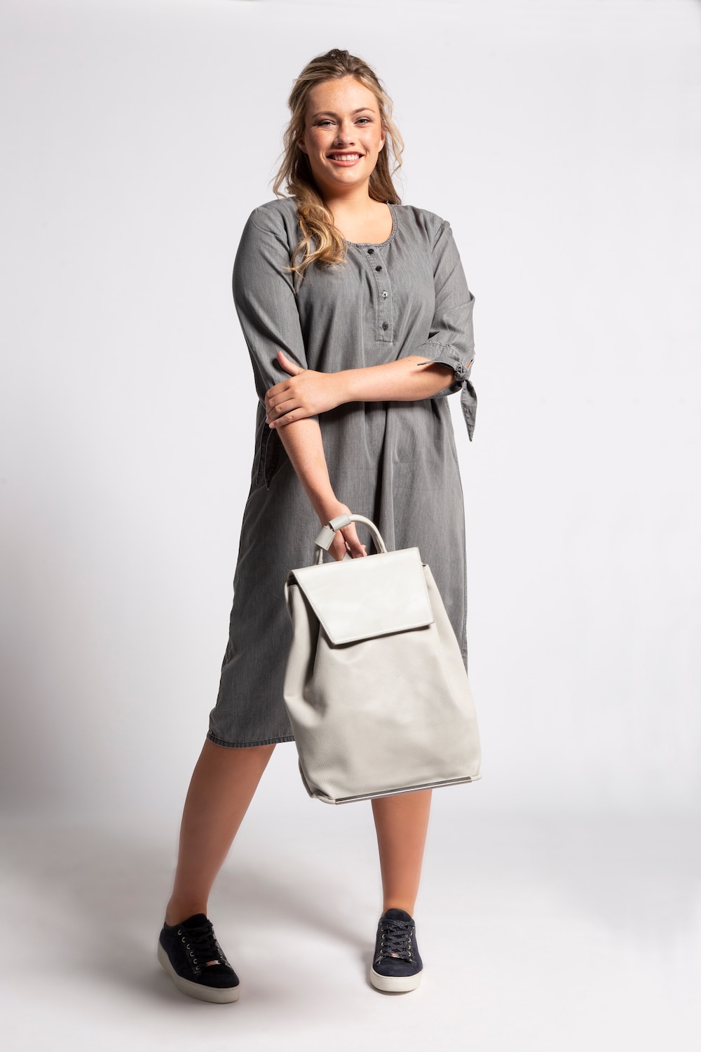 Plus Size Eco Cotton Lyocell Blend Tie Sleeve Dress, Woman, grey, size: 16/18, cotton/synthetic fibers, Ulla Popken