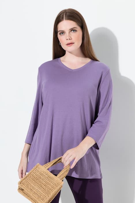 Shirt, ribjersey, V-hals, 3/4-mouw, biologische katoen