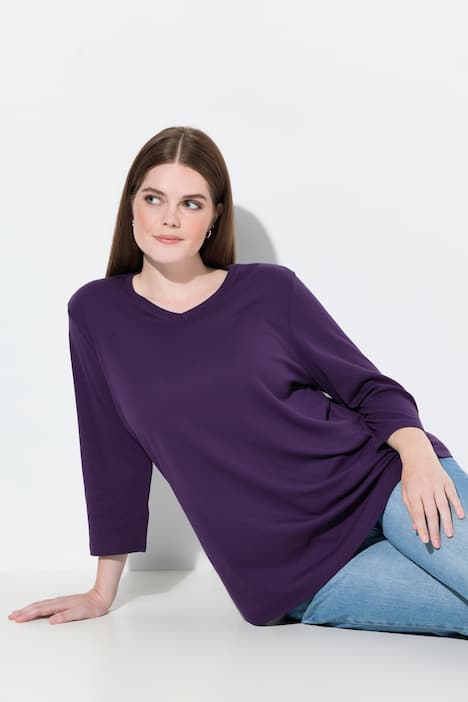 Shirt, ribjersey, V-hals, 3/4-mouw, biologische katoen
