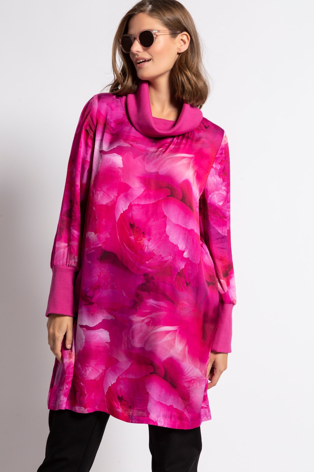 Plus Size Mixed Fabric Floral Turtleneck Tunic Blouse, Woman, pink, size: 16/18, viscose, Ulla Popken