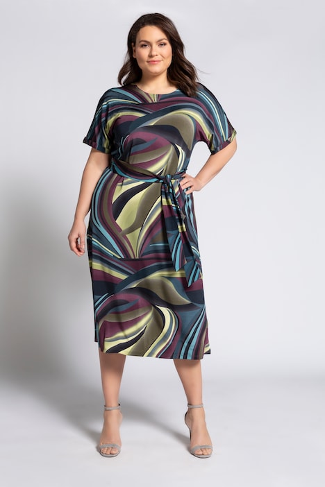 Dramatic Swirl Print Slinky Stretch Knit Dress