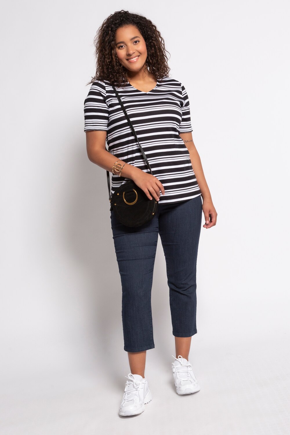 Plus Size Stripe V-Neck Short Sleeve Cotton Tee, Woman, black, size: 28/30, cotton, Ulla Popken