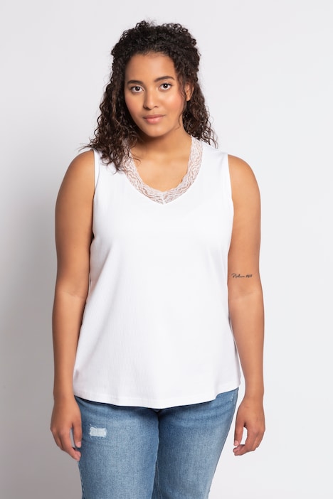 Eco Cotton Lace Trim V-Neck Rib Knit Tank | T-Shirts | Knit Tops & Tees