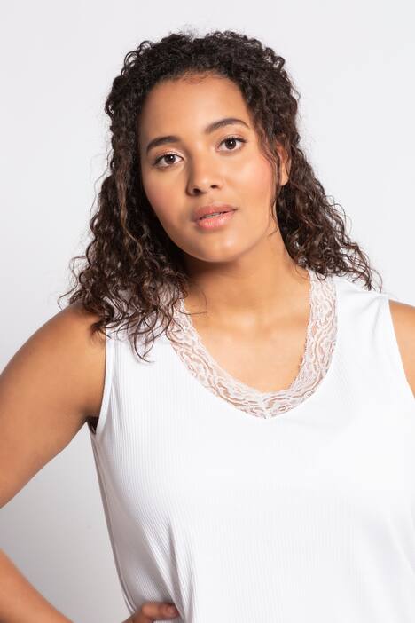 Top, dekolt w szpic, koronka, prążkowany materiał