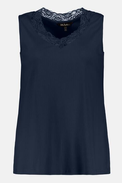 Top, dekolt w szpic, koronka, prążkowany materiał