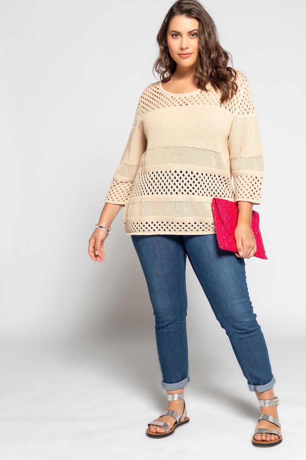 Grote Maten pullover, Dames, beige, Maat: 42/44, Katoen, Ulla Popken Grote Maten pullover, Dames, beige, Maat: 42/44, Katoen, Ulla Popken