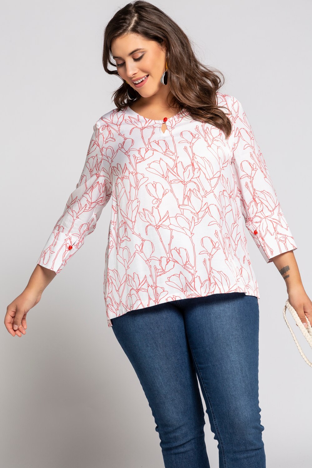 Plus Size Fine Floral Print Round Neck Blouse, Woman, white, size: 28/30, viscose, Ulla Popken