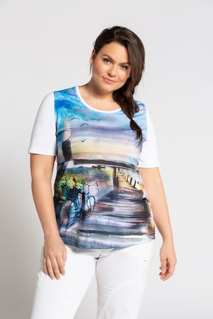 Duże rozmiary T-shirt, damska, lodowy błękit, rozmiar: 54/56, bawełna/elastan, Ulla Popken