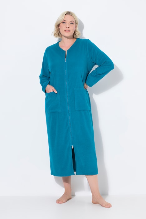 Long Zip Front Cotton Blend Terry Bathrobe