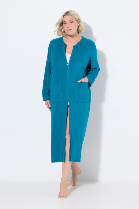 Long Zip Front Cotton Blend Terry Bathrobe