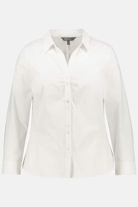 Blus, öppen skjortkrage, rynkeffekt, knappar, lång ärm