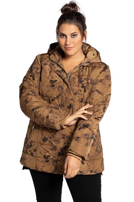 Prošívaná bunda, květinový vzor, kapuce, dlouhý rukáv