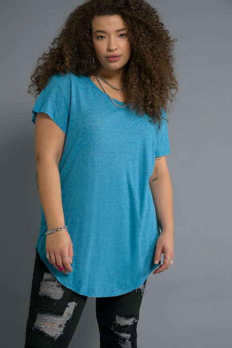 T-Shirt, lang geschnitten, Rundhals, Halbarm, offenkantig