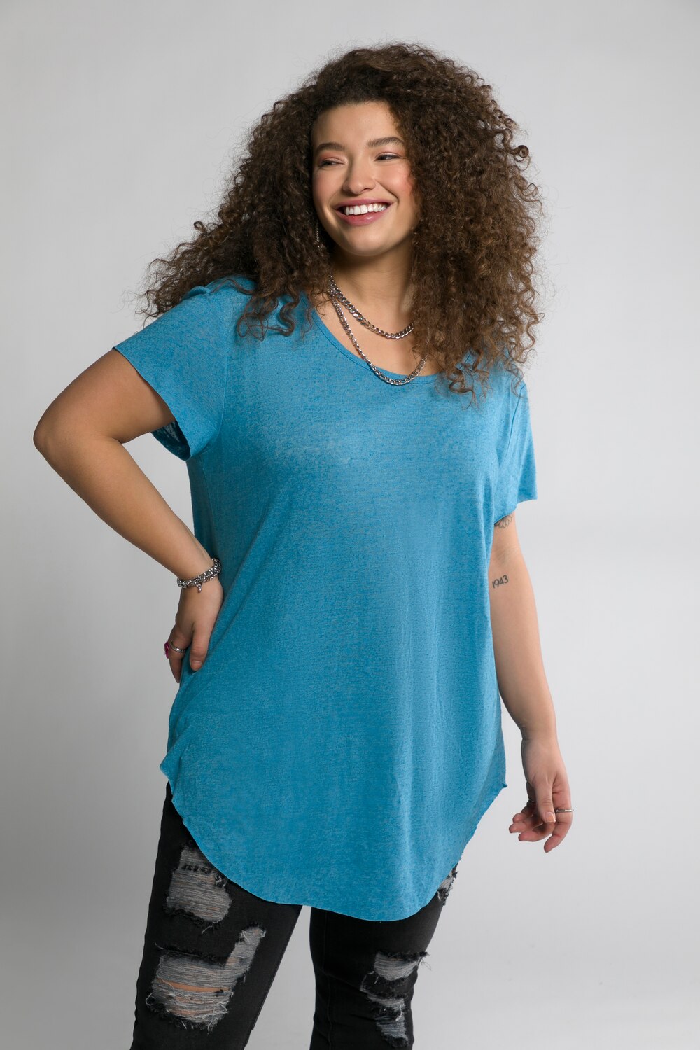 Grote Maten shirt, Dames, turquoise, Maat: 42/44, Polyester/Linnen, Studio Untold