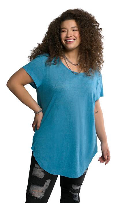 Tričko, dlouhý střih, kulatý výstřih, krátké rukávy, otevřené kraje