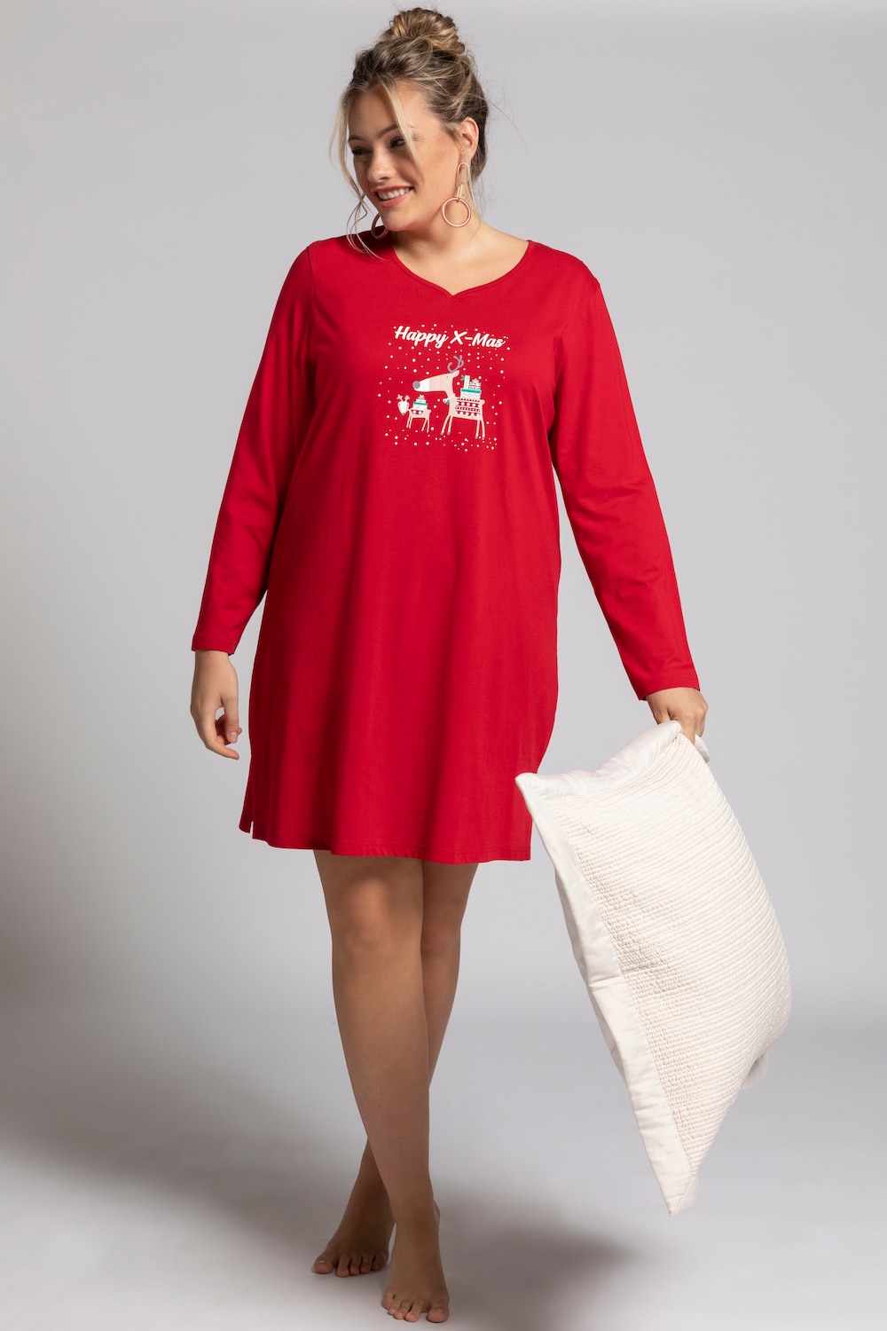 Plus Size Eco Cotton Reindeer Print Long Sleeve Sleep Tee, Woman, red, size: 20/22, cotton, Ulla Popken