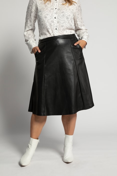 Flared Hem Seam Details Leather Look Skirt